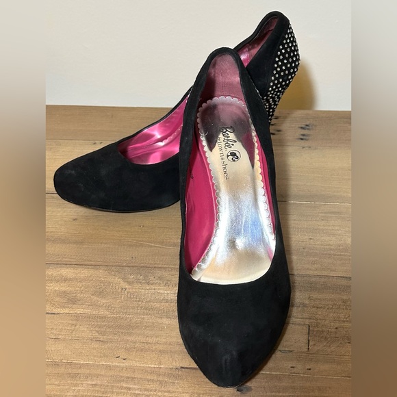 Barbie x Town Shoes black suede leather and sequin pink bottom heels - Picture 2 of 8